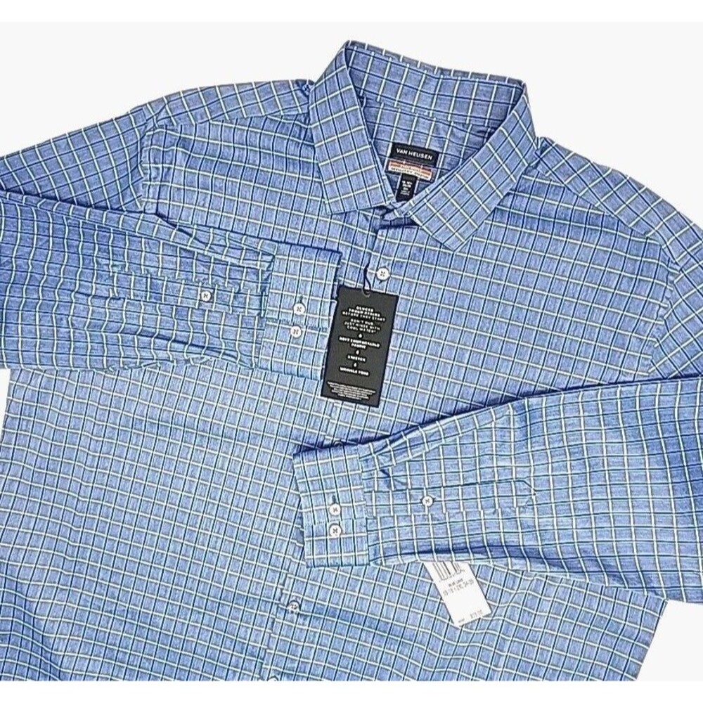 Van Heusen Dress Shirt Blue Check Men Sz 18-18.5 34/35 Stretch Wrinkle Free NEW